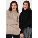 Lela Oversize Fit Balıkçı Yaka Yumuşak Dokulu 2'li Paket Triko Kazak Bayan Kazak 680KZ00469S2 - Siyah - Vizon