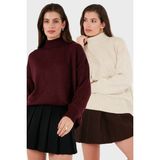 Lela Oversize Fit Balıkçı Yaka Yumuşak Dokulu 2'li Paket Triko Kazak Bayan Kazak 680KZ00469S2 - Taş - Bordo