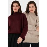 Lela Oversize Fit Balıkçı Yaka Yumuşak Dokulu 2'li Paket Triko Kazak Bayan Kazak 680KZ00469S2 - Vizon - Bordo