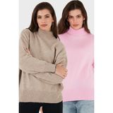 Lela Oversize Fit Balıkçı Yaka Yumuşak Dokulu 2'li Paket Triko Kazak Bayan Kazak 680KZ00469S2 - Vizon - Pembe