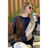Lela Oversize Fit Bisiklet Yaka Baklava Desenli Bayan Kazak 4615578 Lacivert