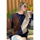 Lela Oversize Fit Bisiklet Yaka Baklava Desenli Kazak Bayan Kazak 4615578 - Lacivert - Standart