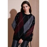 Lela Oversize Fit Bisiklet Yaka Baklava Desenli Kazak Bayan Kazak 4615578 - Siyah - Standart