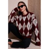 Lela Oversize Fit Bisiklet Yaka Baklava Desenli Yumuşak Dokulu Bayan Kazak 4616223 Bordo