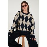 Lela Oversize Fit Bisiklet Yaka Baklava Desenli Yumuşak Dokulu Bayan Kazak 4616223 Lacivert