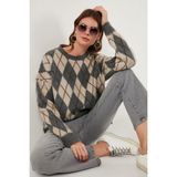 Lela Oversize Fit Bisiklet Yaka Baklava Desenli Yumuşak Dokulu Kazak Bayan Kazak 4616223 - Gri - Standart
