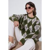 Lela Oversize Fit Bisiklet Yaka Baklava Desenli Yumuşak Dokulu Kazak Bayan Kazak 4616223 - Haki - Standart