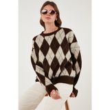Lela Oversize Fit Bisiklet Yaka Baklava Desenli Yumuşak Dokulu Kazak Bayan Kazak 4616223 - Kahverengi - Standart
