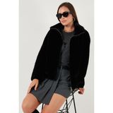 Lela Oversize Fit Dik Yaka Fermuarlı Kürk Bayan Kürk 497ZETA - Siyah