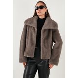 Lela Oversize Fit Geniş Yaka Astarlı Kürk Bayan Kürk 497AFRA - Gri