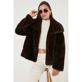 Lela Oversize Fit Geniş Yaka Astarlı Kürk Bayan Kürk 497AFRA - Kahverengi - M