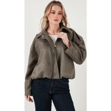 Lela Oversize Fit Klasik Yaka Süet Dokulu Bomber Ceket Bayan Mont 6524932 HAKİ