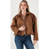 Lela Oversize Fit Klasik Yaka Süet Dokulu Bomber Ceket Bayan Mont 6524932 TABA