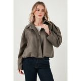 Lela Oversize Fit Klasik Yaka Süet Dokulu Bomber Ceket Mont Bayan Mont 6524932 - Haki