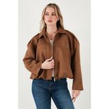 Lela Oversize Fit Klasik Yaka Süet Dokulu Bomber Ceket Mont Bayan Mont 6524932 - Taba