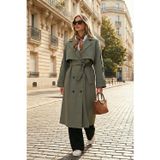 Lela Oversize Fit Kruvaze Yaka Düğmeli Kemerli Uzun Bayan Trençkot 6839476 HAKİ