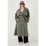Lela Oversize Fit Kruvaze Yaka Düğmeli Kemerli Uzun Trençkot Bayan Trençkot 6839476 - Haki - Standart