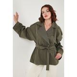 Lela Oversize Fit Kruvaze Yaka Kuşaklı Düğmeli Trençkot Bayan Trençkot 6839609 - Haki - Standart