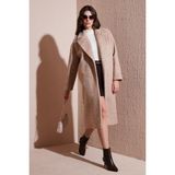 Lela Oversize Fit Mono Yaka Düğmeli Buklet Uzun Kaşe Bayan Kaban 6810236 BEJ