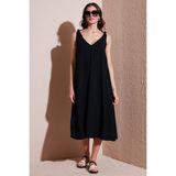 Lela Oversize Fit V Yaka Midi Boy Basic Elbise Bayan Elbise 6788688 - Siyah