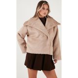 Lela Oversize Geniş Yaka Çıtçıt Düğmeli Astarlı Peluş Bayan Mont 6839623 TAŞ