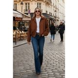 Lela Oversize Klasik Yaka Fermuarlı Süet Dokulu Bomber Ceket Bayan Ceket 6839635 - Taba - Standart
