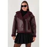 Lela Oversize Kruvaze Yaka Peluş Detaylı Suni Deri Biker Ceket Bayan Mont 6810247 BORDO