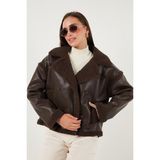 Lela Oversize Kruvaze Yaka Peluş Detaylı Suni Deri Biker Ceket Bayan Mont 6810247 KAHVE