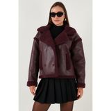 Lela Oversize Kruvaze Yaka Peluş Detaylı Suni Deri Biker Ceket Mont Bayan Mont 6810247 - Bordo