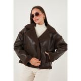 Lela Oversize Kruvaze Yaka Peluş Detaylı Suni Deri Biker Ceket Mont Bayan Mont 6810247 - Kahverengi