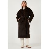 Lela Oversize Kruvaze Yaka Yumuşak Dokulu Uzun Kaban Bayan KABAN 6839610 - Kahve - Standart