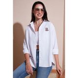 Lela Pamuk Karışımlı Regular Fit Ayıcık İşlemeli Bayan Gömlek 6773106 BEYAZ