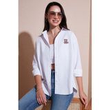 Lela Pamuk Karışımlı Regular Fit Ayıcık Işlemeli Gömlek Bayan Gömlek 6773106 - Beyaz