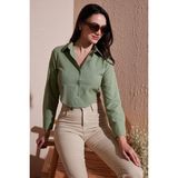 Lela Pamuk Karışımlı Slim Fit Uzun Kollu Crop Bayan Gömlek 6777336 HAKİ