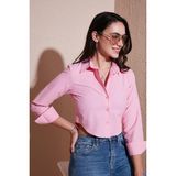 Lela Pamuk Karışımlı Slim Fit Uzun Kollu Crop Bayan Gömlek 6777336 Şeker Pembe