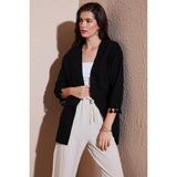 Lela Pamuk ve Keten Karışımlı Püskül Detaylı Regular Fit Uzun Kimono Bayan Hırka 5869015 SİYAH
