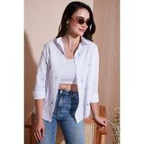 Lela Pamuk ve Keten Karışımlı Regular Fit Kalp Baskılı Bayan Gömlek 6779932 BEYAZ-MAVİ