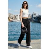 Lela Pamuk Ve Keten Karışımlı Yüksek Bel Rahat Kesim Bol Paça Spor Bayan Pantolon 5865022 Siyah