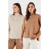 Lela Pamuklu Arkası Uzun Dik Yaka 2'li Paket Triko Kazak Bayan Kazak 4615002S2 - Bej - Camel - Standart