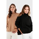 Lela Pamuklu Arkası Uzun Dik Yaka 2'li Paket Triko Kazak Bayan Kazak 4615002S2 - Camel - Siyah - Standart