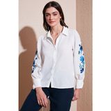 Lela Pamuklu Balon Kollu Regular Fit Çiçek Nakışlı Gömlek Bayan Gömlek 611GO003 - Beyaz - Mavi