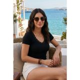 Lela Pamuklu Dantel Detaylı V Yaka Fitilli Bayan Bluz 5866933 SİYAH