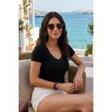 Lela Pamuklu Dantel Detaylı V Yaka Fitilli Bluz Bayan Bluz 5866933 - Siyah