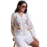 Lela Pamuklu Nakış işlemeli Oversize Fit V Yaka Bluz Bayan BLUZ 676254