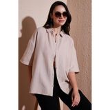 Lela Pamuklu Regular Fit Yırtmaçlı Kısa Kollu Bayan Gömlek CF25S166965 TAŞ