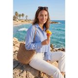 Lela Pamuklu Relaxed Fit Çizgili Göğüs Cepli Bayan Gömlek 6982039 LACİVERT