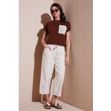 Lela Pamuklu Relaxed Fit Yüksek Bel Geniş Kısa Paça Bayan Pantolon 668YP5318 TAŞ