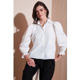 Lela Pamuklu Slim Fit Nakışlı Balon Kol Bayan Gömlek 676208 EKRU
