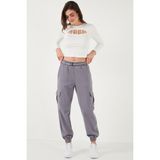 Lela Pamuklu Standart Fit Normal Bel Lastikli Paça Kemerli Jogger Pantolon Bayan Pantolon 668YP5045 - Gri