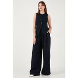 Lela Pile Detaylı Wide Leg Yüksek Bel Geniş Paça Bayan Pantolon 6522016 LACİVERT